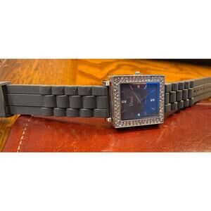 Women's 35mm Silver Tone Watch, Crystal Accents, Black Bezel and Resin Band